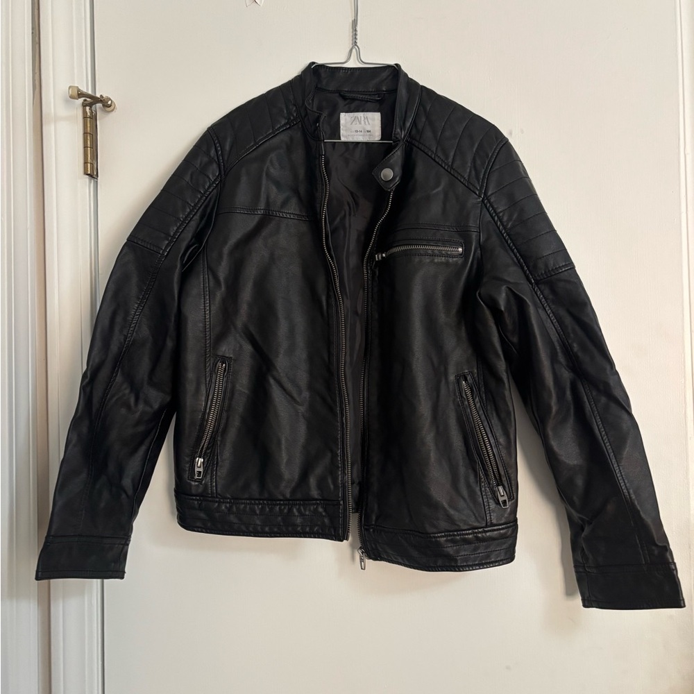 Zara Black Quilted-Shoulder Leather Bomber Jacket